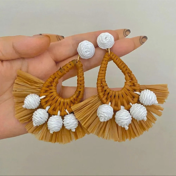 Mykonos Bohemian Raffia Rattan Breaded Earrings - Picture 1 of 7